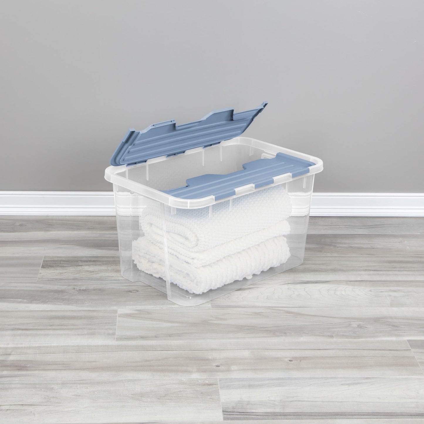 Sterilite 24 Pack Hinged Lid Storage Box, 60 Qt Plastic Container, Washed Blue - Home Organizer Tote for Storing Shoes, Crafts, Clothing, or Decor