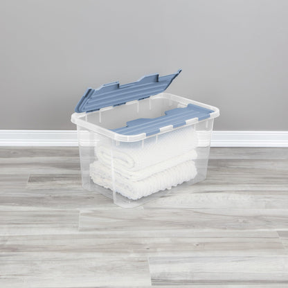 Sterilite 24 Pack Hinged Lid Storage Box, 60 Qt Plastic Container, Washed Blue - Home Organizer Tote for Storing Shoes, Crafts, Clothing, or Decor