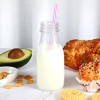 20 Sets (8 oz,Pastel Yinkin Plastic Milk Bottles with Straws Lids Clear Plastic Containers for Dairy Milk Party Bottle