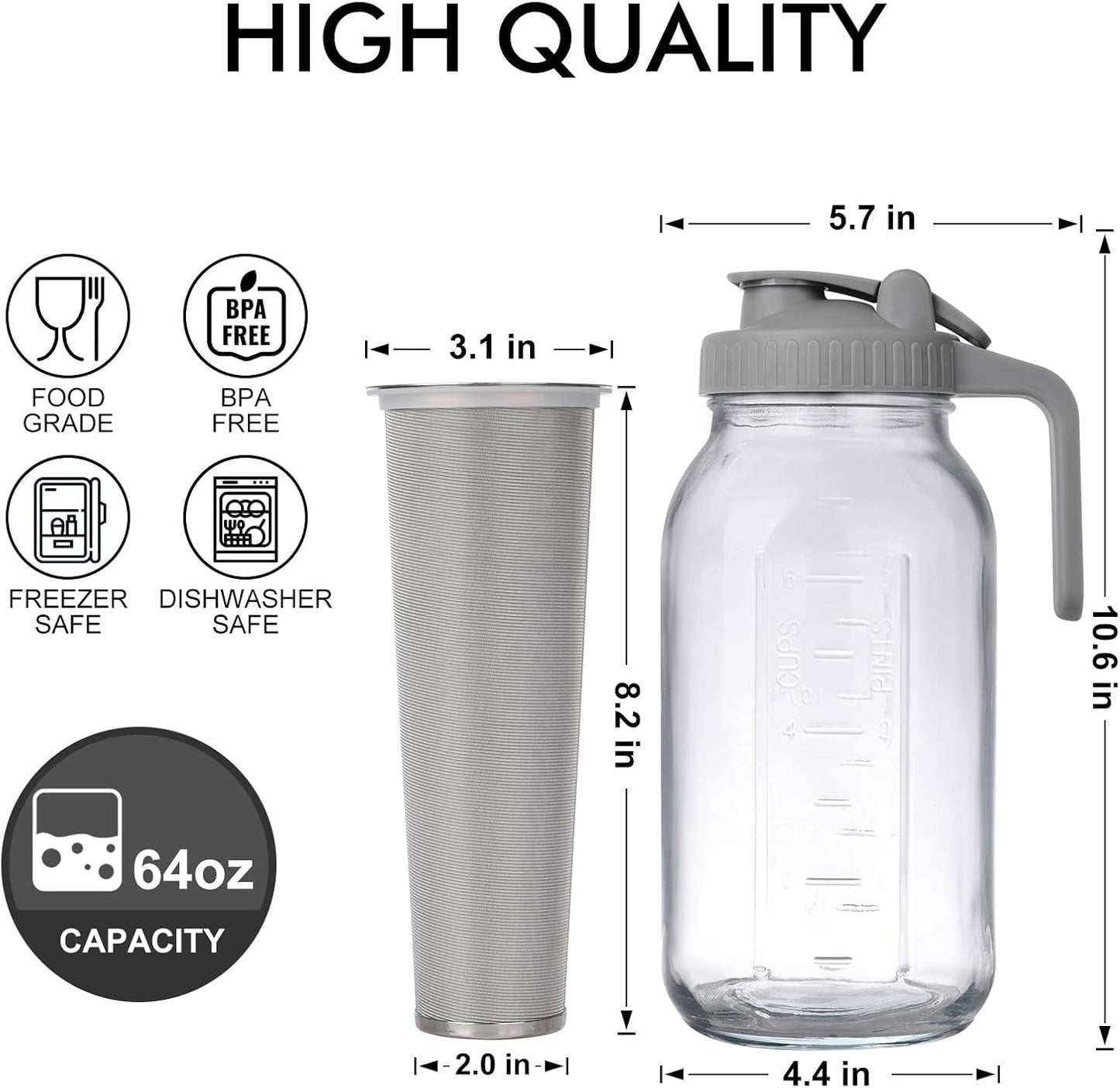 Cold Brew Mason Jar Iced Coffee Maker, Durable Glass, 64 oz with Handle & Stainless Steel Filter for Iced Drinks