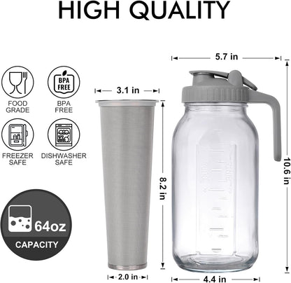 Cold Brew Mason Jar Iced Coffee Maker, Durable Glass, 64 oz with Handle & Stainless Steel Filter for Iced Drinks