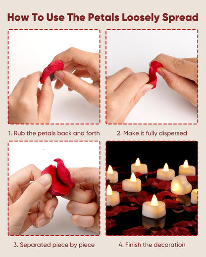 Amagic 1000 Pieces Artificial Rose Petals with 12 Heart LED Tea Lights Candles Kit, Rose Petals and Candles Set for Proposal, Anniversary, Valentine's Day, Special Romantic Night, Wedding Table Decor