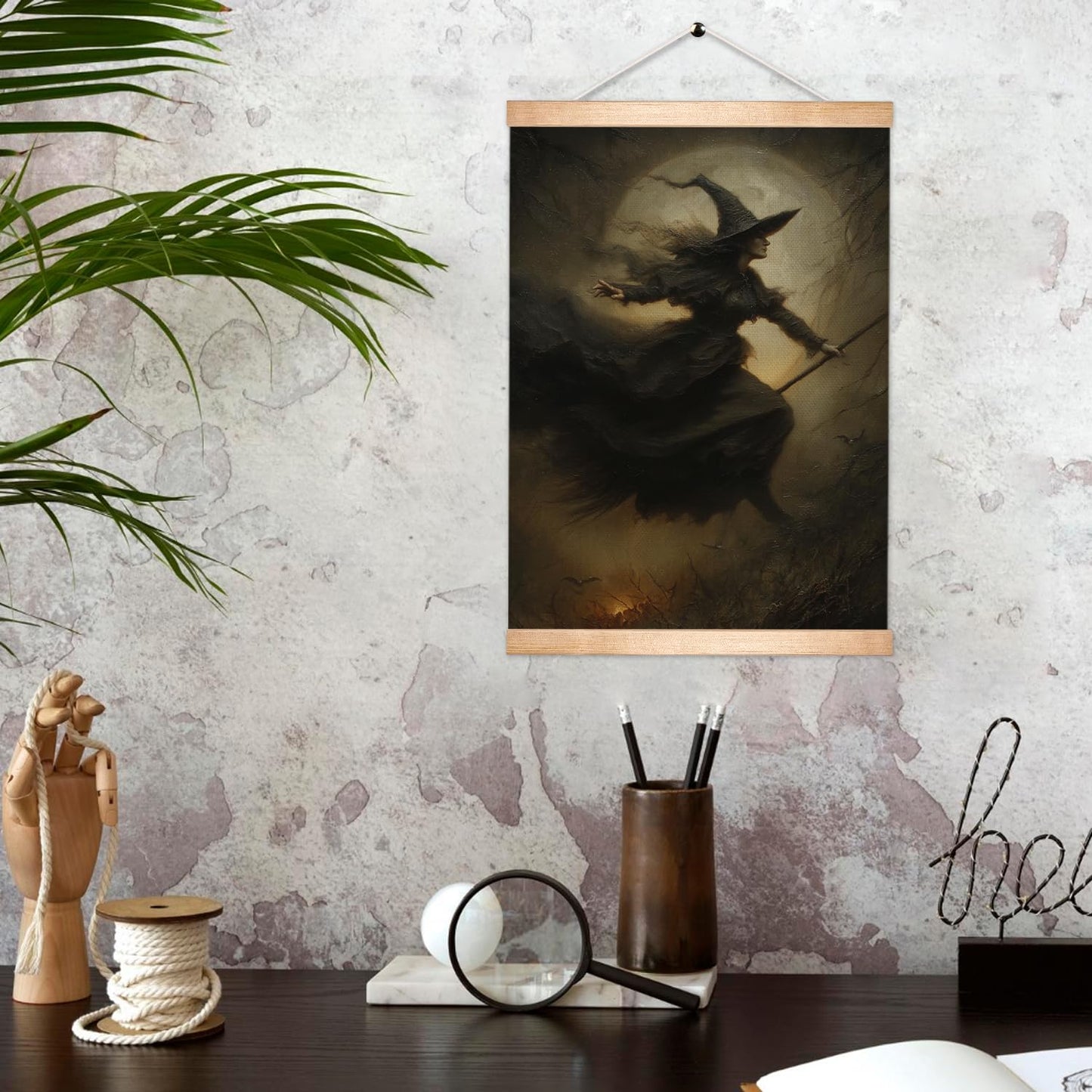 HEYJEEPER Witch Wall Art Decor,18x14inch Gothic Witch Flying on Broomstick Linen Posters, Dark Academia Moon Artwork, Spooky Wall Hanging Decor for Bedroom,Living Room,or Witch Room Decor (A Witch)