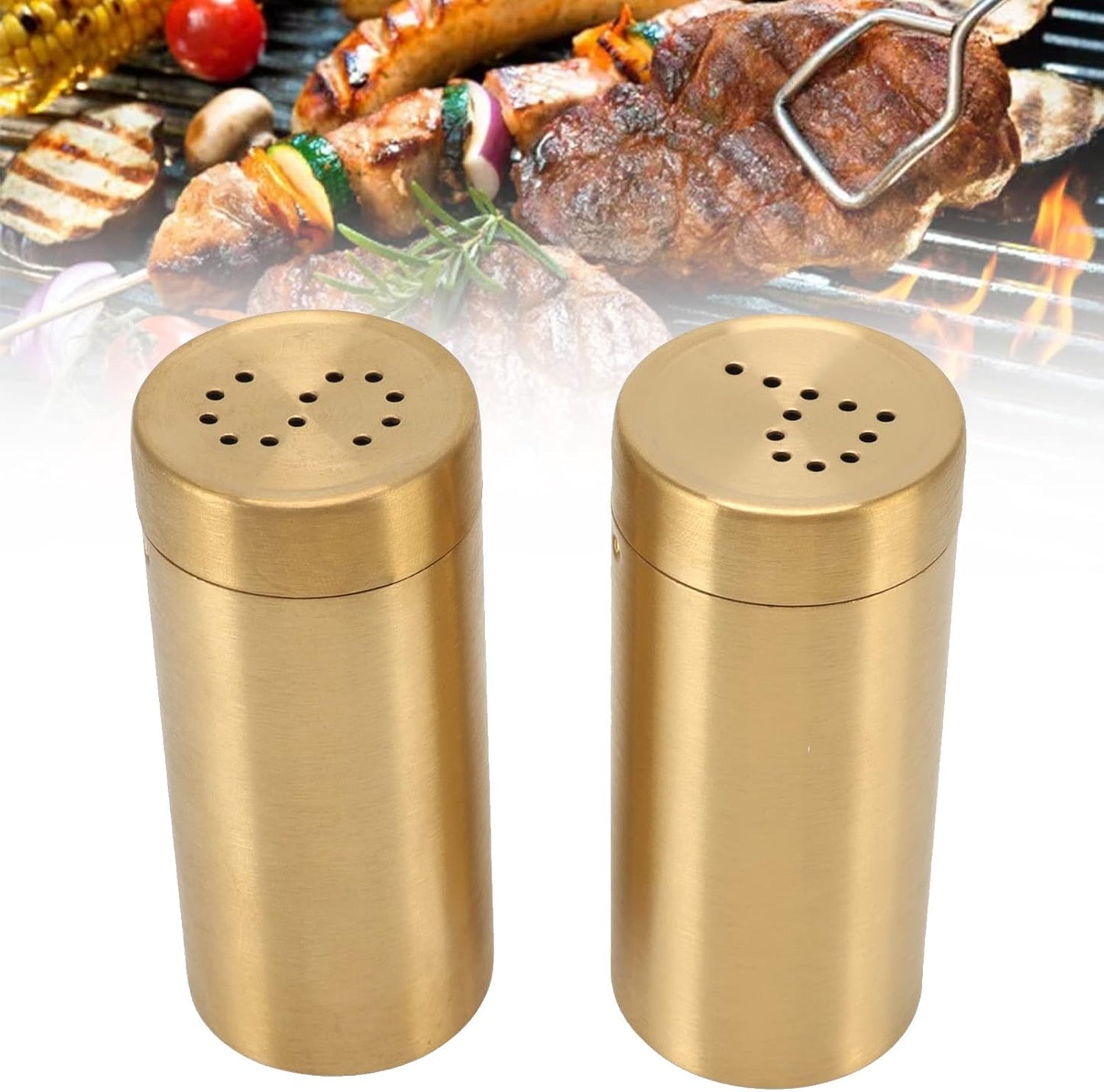 Gold Spice Jar, 2 Pcs Stainless Steel Rustproof Screw Open Top Seasoning Shaker Bottle for Salt, Sugar, Pepper