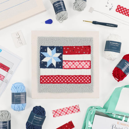 Kimberbell Stars & Stripes Forever Punch Needle Kit – Complete Patriotic Craft Set with Tool, Yarn, Hoop, Monks Cloth, Appliqués & Rhinestones – DIY Punch Needle Plus Kit with Video Tutorials