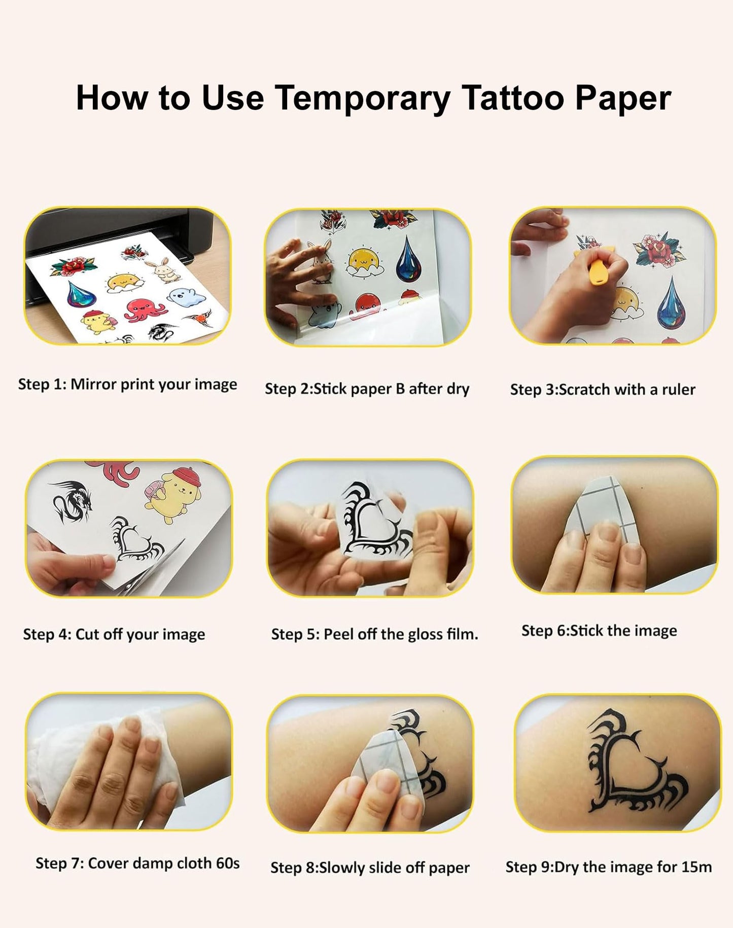 Hoxemator Temporary Tattoo Paper for Laser & Inkjet Printers, 6 Sheets 8.5"x11" Printable Waterslide Tattoo Transfer Paper, Skin-Safe DIY Custom Fake Tattoos for Cosplay, Parties & Festival