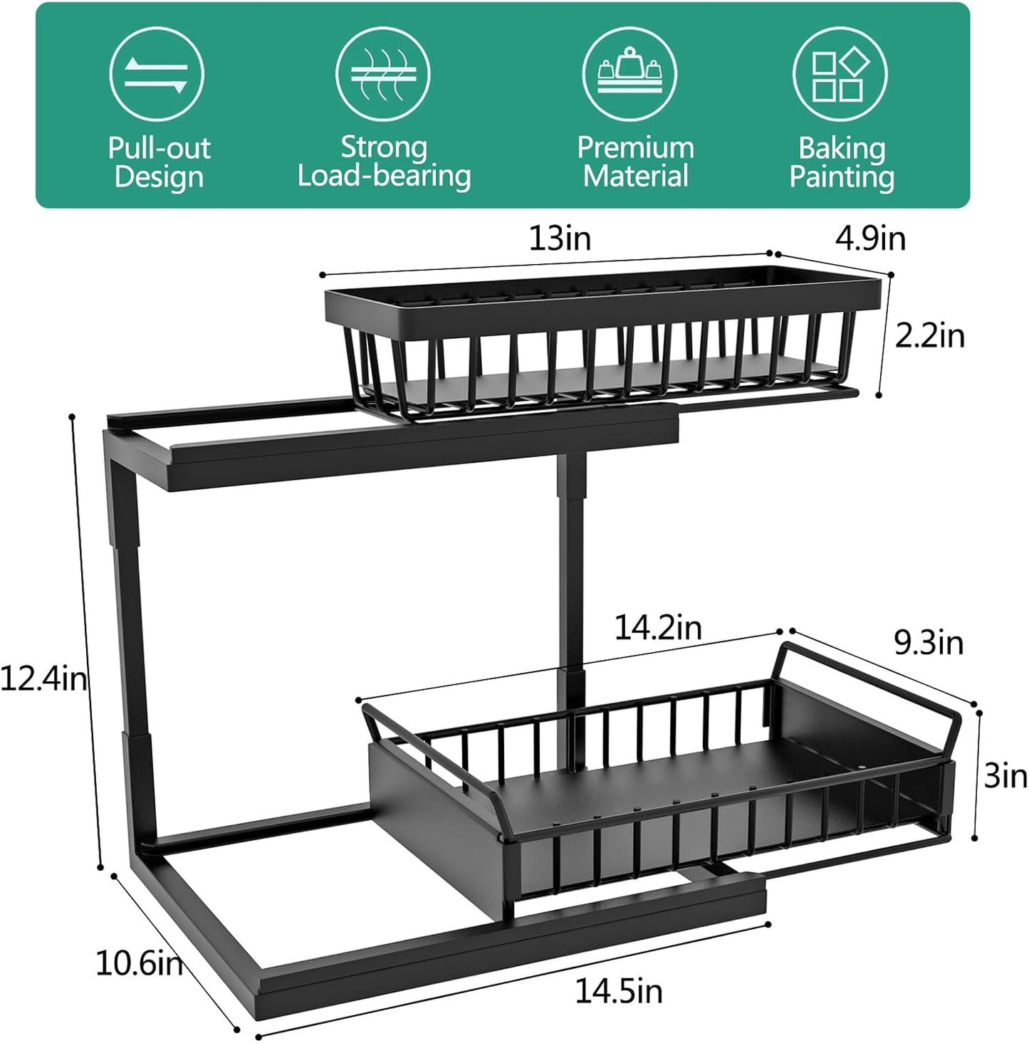 Under Sink Organizer, Metal 2 Tier Storage Basket, Slide Out Cabinet Organizer Shelf for Kitchen and Bathroom, Black