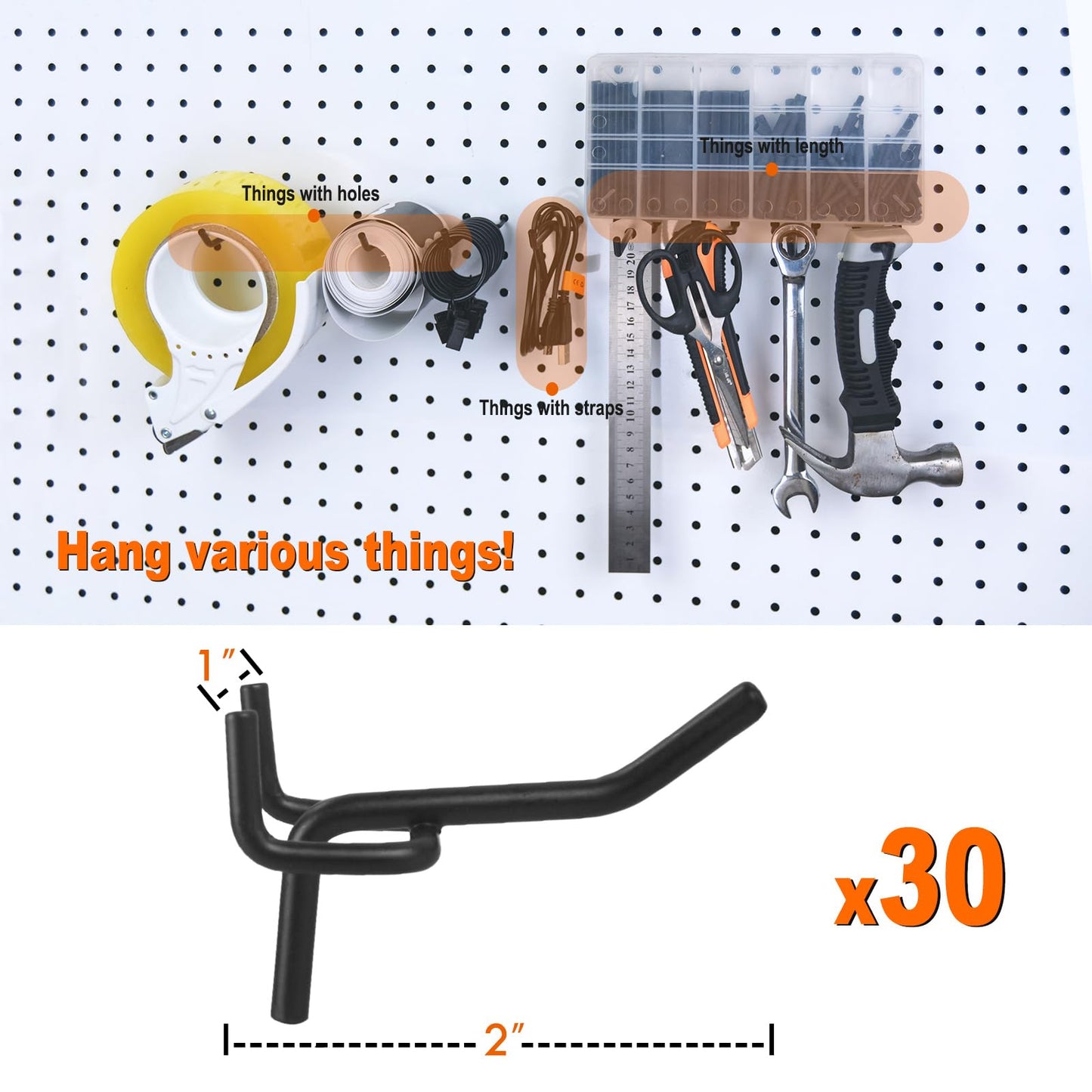 G.CORE Pegboard Hooks Accessories - 30pcs 2inch Metal Peg Board Tool Hangers, Fits 1/8 1/4 Pegs Slots, Pegboard Wall Organizer Shelving Racks, Hanging Display Storage Holders for Garage Craft (Black)