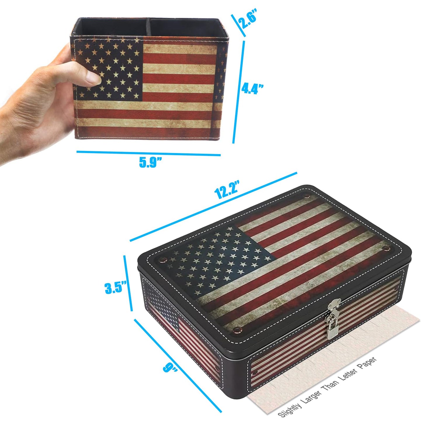 DreamsEden Decorative Storage Box & Pen Holder, Desktop Pen Pencil Cup Organizer Tin Box with Padlock Keepsake Container Office Home Patriotic Decor (American Flag)