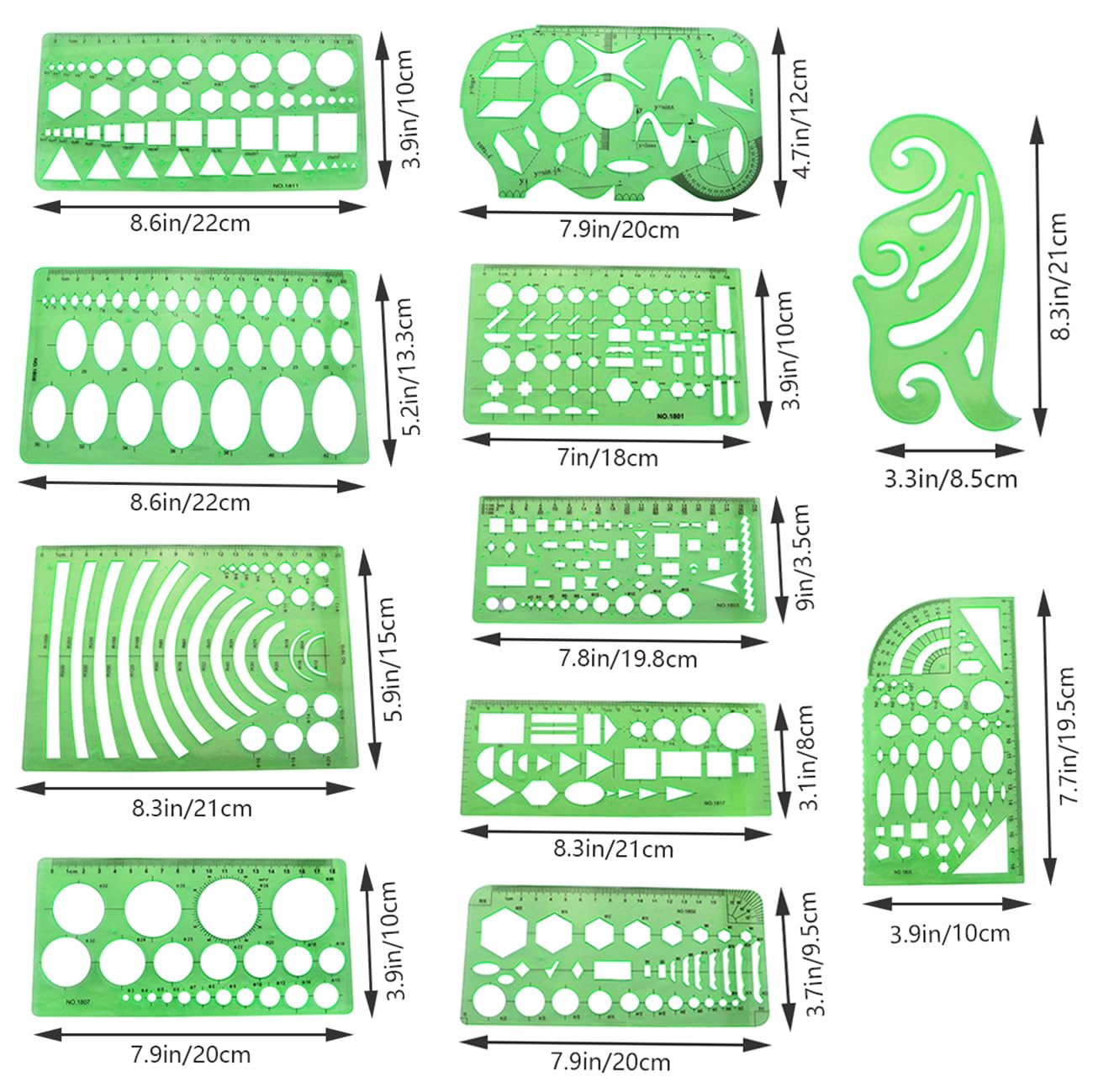 ZZLZX 11PCS Green Plastic Hollow Out Painting Stencils Geometric Drawing Template Measuring Rulers for Circle Drawing and Drafting Paper Tracing Measuring Tools for Office Architectural Design