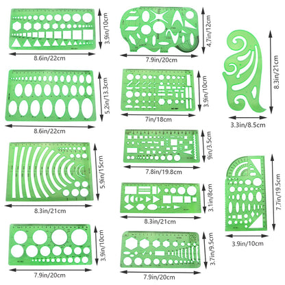 ZZLZX 11PCS Green Plastic Hollow Out Painting Stencils Geometric Drawing Template Measuring Rulers for Circle Drawing and Drafting Paper Tracing Measuring Tools for Office Architectural Design
