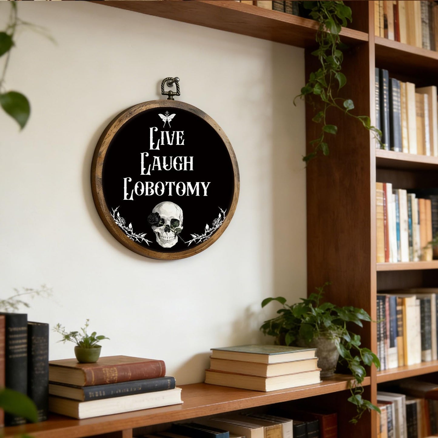 HYKDFMNCJ Dark Humor Gothic Skull Round Framed Wall Art, Live Laugh Lobotomy Funny Skeleton Wall Hanging Canvas Prints Artwork Decorations for Bedroom Living Room Home Office, 10x10 Inch
