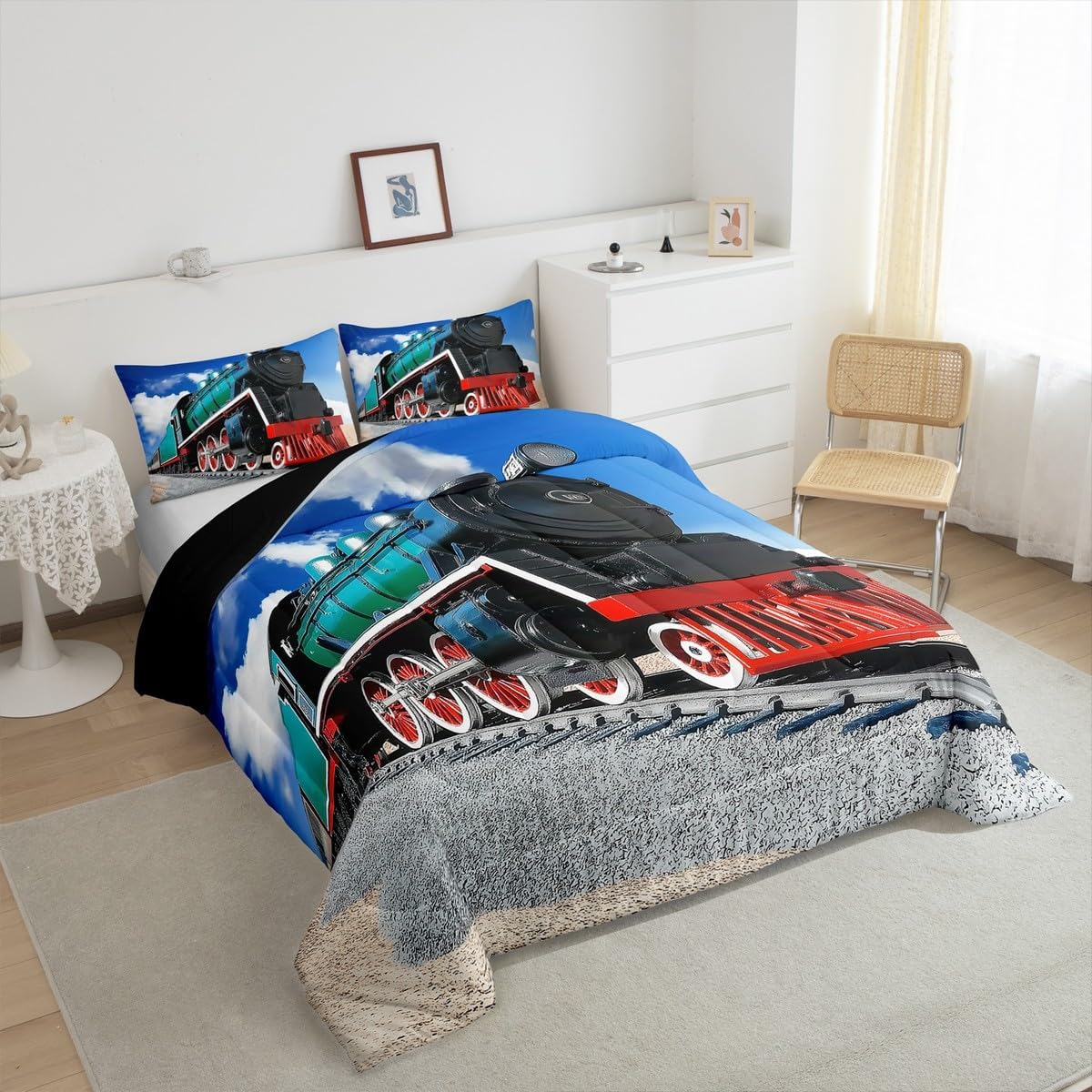 Sets 3D Set Sets 2 Erosebridal Train Comforter Full Size,Boys Steam Engine Bedding Rail Vehicles Duvet for Kids