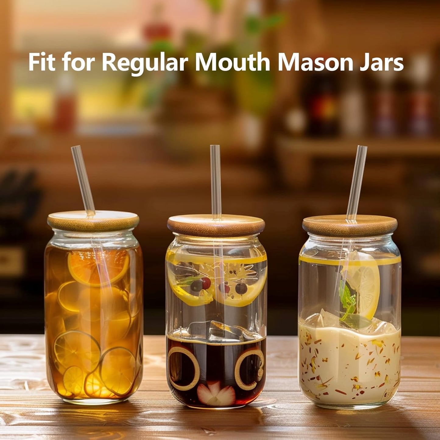 Mason Jar Lids with Straw Hole, 2.76inch Bamboo Lids for Regular Mouth Drinking Jars (3 Pack)