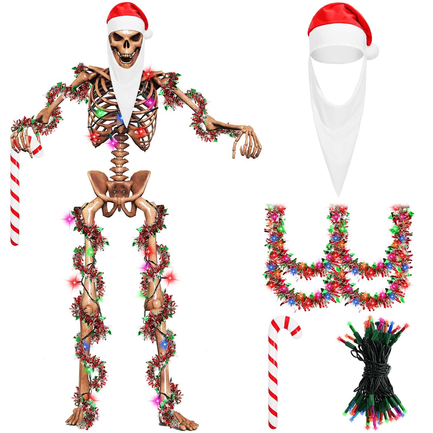 JcHrmers 4 Pcs Christmas 12 ft Skeleton Santa Costume Accessories Including Giant Santa Hat Top Long Beard Inflatable Candy Cane 16.4FT Christmas Tinsel Garland for Xtmas Outdoor Decor