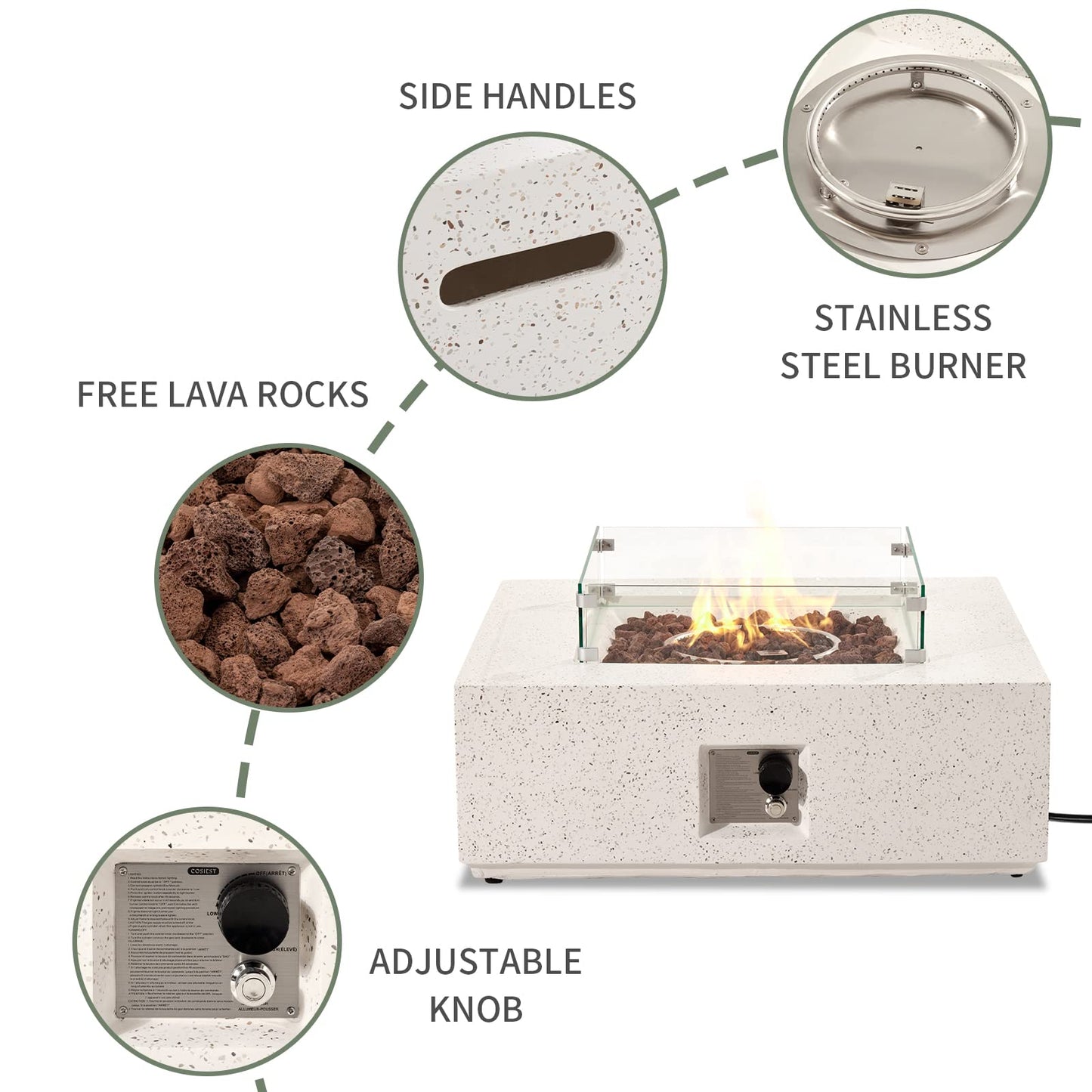 COSIEST 35-inch Square Outdoor Sandstone Propane Fire Pit w Wind Guard and Side Table, Certified, 50,000 BTU Stainless Steel Burner, Free Lava Rocks and Rain Cover, Metal Lid(Beige)