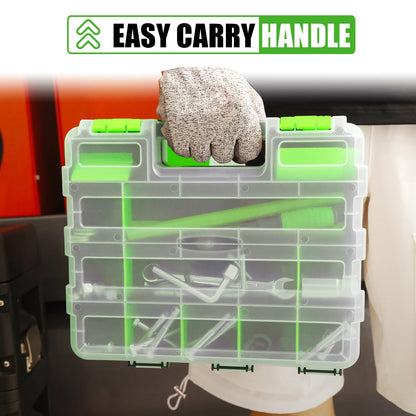 Tool Box with Transparent Lid, Double Side 34-Compartments Organizer Box with Removable Dividers for Hardware, Screws, Bolts, Nails, Beads, Jewelry and Fishing Accessories, Green, 2 Packs
