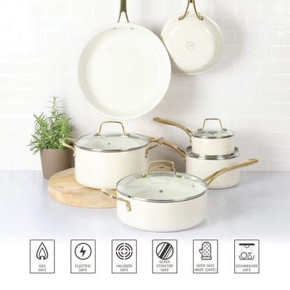 Martha Stewart Lockton Premium Non stick Non Toxic PFA Free Ceramic Interior 10 Piece Heavy Gauge Enamel Aluminum Pots and Pans Cookware Set - Linen White w/Gold Handle