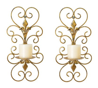 JUCONSIN Set of 2 Wall Sconces Candle Holders Metal Wall Decoration Hanging Wall Mounted Candle Sconces for Home Decor Bedroom Dining Room, Antique Gold