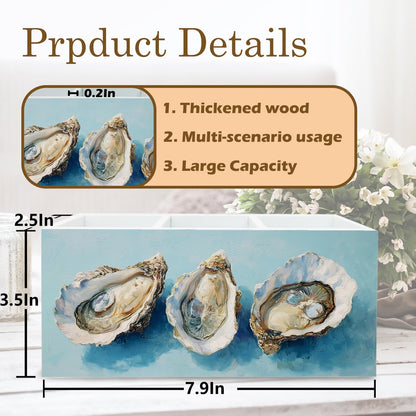 PQKIY Blue Coastal Beach Oyster Pen Holder for Desk,Ocean Beach Wooden Box Sign Desk Decor for Home Bedroom Office,Ocean Beachy Makeup Brush Toothbrush Holder Organizer for Bathroom Accessories