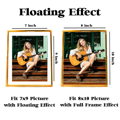 xinkerco 8X10 Gold Floating Picture Frame, Tabletop Metal Tempered Glass Picture Frames for Picture 7x9, 6x8, 5x7, Gift for Birthday, Festival, Wedding, Home or Office Decor (gold, 5x7, Vertical)