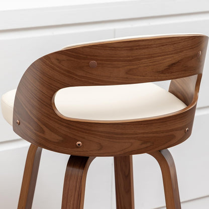 Mid Century Modern Counter Height Bar Stools Set of 2, 360° Swivel Counter Stools with Bentwood Walnut Frame, Upholstered Faux Leather Seat, Curved Back Kitchen Island Chairs, 25" Seat Height, Beige
