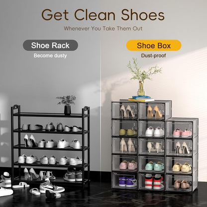 Kuject X-Large Shoe Storage Boxes Organizers Clear Plastic Stackable 12 Pack, Shoe Rack & Holder Substitute, Sneaker Containers, Toy Storage Organizer Bins for Entryway, Closet, Under Bed, Black