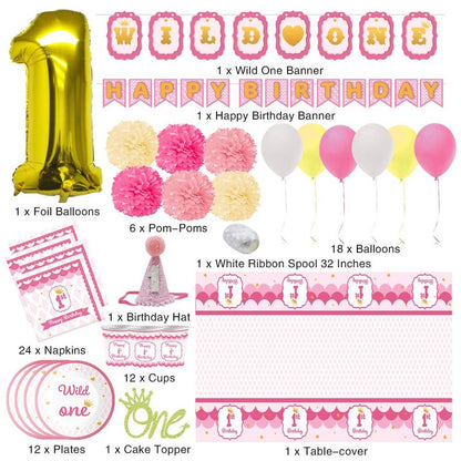 JOYIN 1st Girl Birthday Supplies Decoration Wild Set (Happy Banners, Hat, Foil Balloon Confetti Balloon, Cake Topper, Plates, Cups, Napkins, Tableware, Pom-poms Balls) for One Baby First Bday Party.