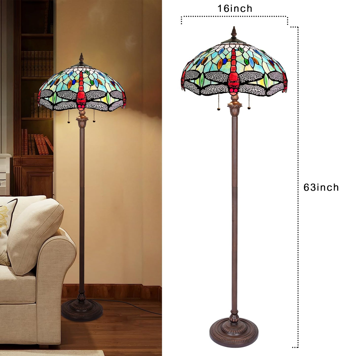 Capulina Tiffany Lamp Stained Glass Floor Lamp 2-Light 63 Inches Tall Industrial Dark Bronze Pole Fine Sky Dragonfly Tiffany Style Standing Floor Lamp for Living Room Bedroom Home Office
