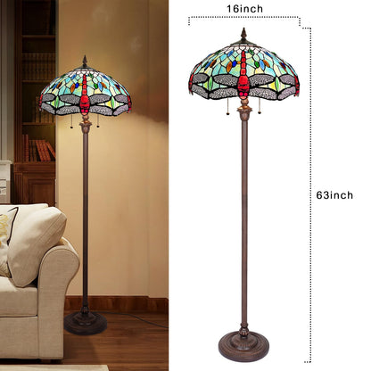 Capulina Tiffany Lamp Stained Glass Floor Lamp 2-Light 63 Inches Tall Industrial Dark Bronze Pole Fine Sky Dragonfly Tiffany Style Standing Floor Lamp for Living Room Bedroom Home Office