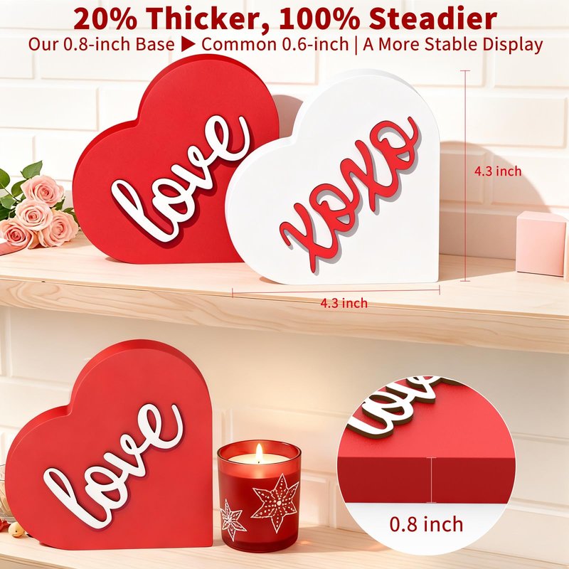 OLANRUN Valentines Day Decorations - 2 Pack Wooden 3D XOXO Love Heart Sign - 4.35 Inch Valentines Day Table Decor - Valentine Decorations for Home Office Bedroom Mantel Tiered Tray Shelf (Red White)