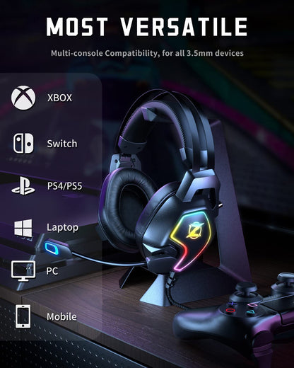 Gaming Headset for Xbox One Series X/S Ps5, Ps4, PC Switch, Noise Canceling Headphones with Microphone, 3.5mm Audio Jack, Auto-Adjust Headband