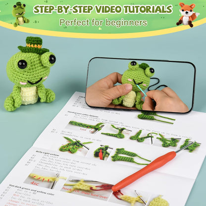 JackCao 6 Pack Crochet Kit for Beginners, 2026 DIY Craft for Adults, Crochet Animal Plush Kit with Step-by-Step Video Guides Tutorials Birthday Gift for Beginner Crochet Lovers ﻿ (Green)