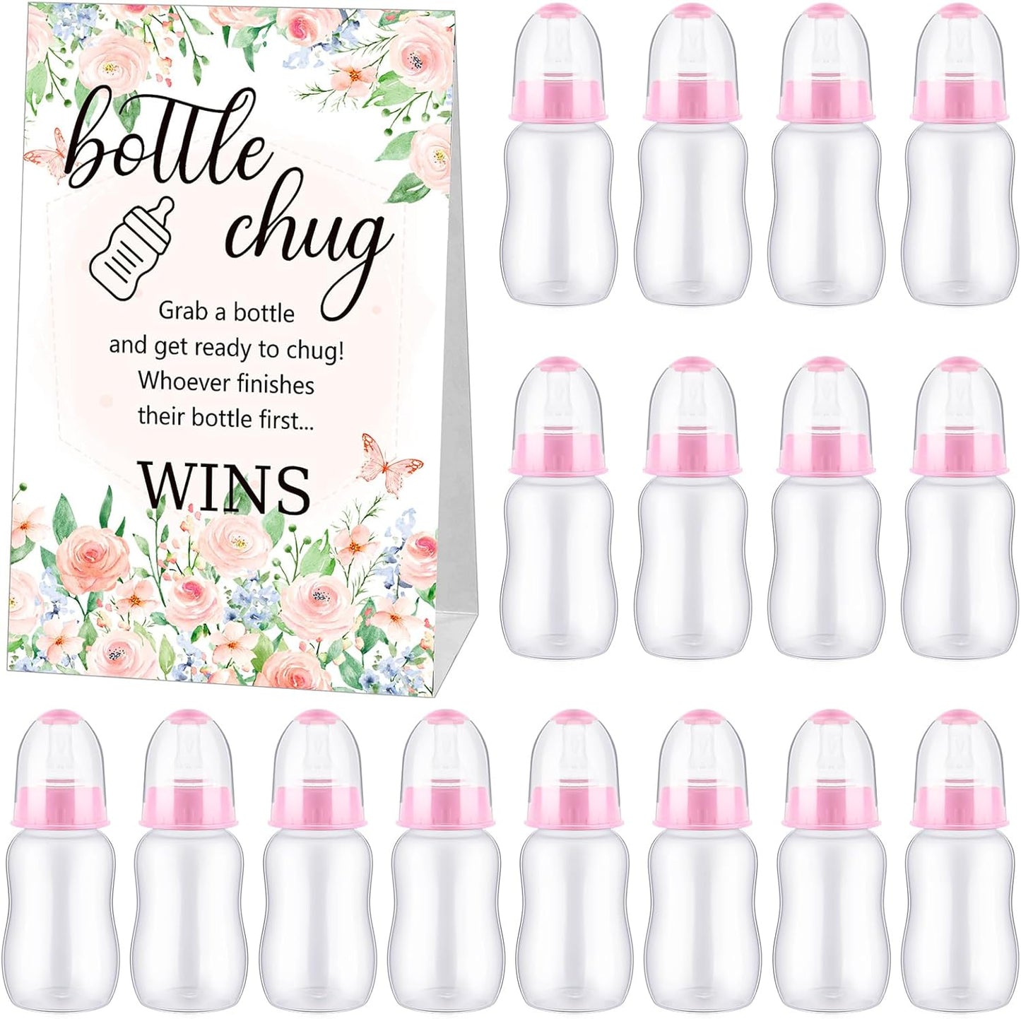 20 1 TrelaCo Bottle Chug Baby Shower Game Pcs Baby Bottles Shower Favor with Flowers Theme Sign for Gender Reveal Party