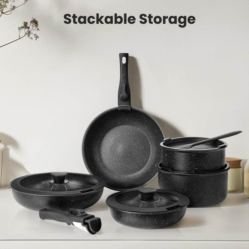 12 Pcs Pots and Pans Set, Nonstick Kitchen Cookware Sets Detachable Handle, Induction Healthy Non Stick RV Cookware, Dishwasher ＆ Oven Safe, Black