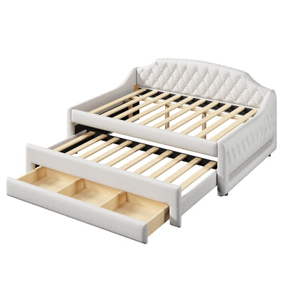 Merax Upholstered Full Size Daybed with LED Lights, Trundle & 3 Drawers, Linen Sofa Bed for Guest Room & Small Spaces, Beige