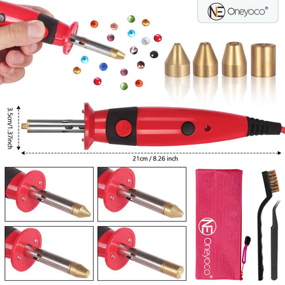 Oneyoco Hotfix Rhinestone Setter, Hotfix Applicator Tool Bedazzler Kit with Rhinestones, Kit, Hot Fixed Wand for Clothes Clothing Fabric Crafts, 3 Boxes Crystal, Clear, 3 Gems Sizes, Tips