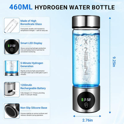 Hydrogen Water Bottle, 3000PPB Portable Hydrogen Water Ionizer Machine, Rechargeable Hydrogen Water Bottle Generator with SPE & PEM Tech, Hydrogen Water Cup for Gym Office Home Travel