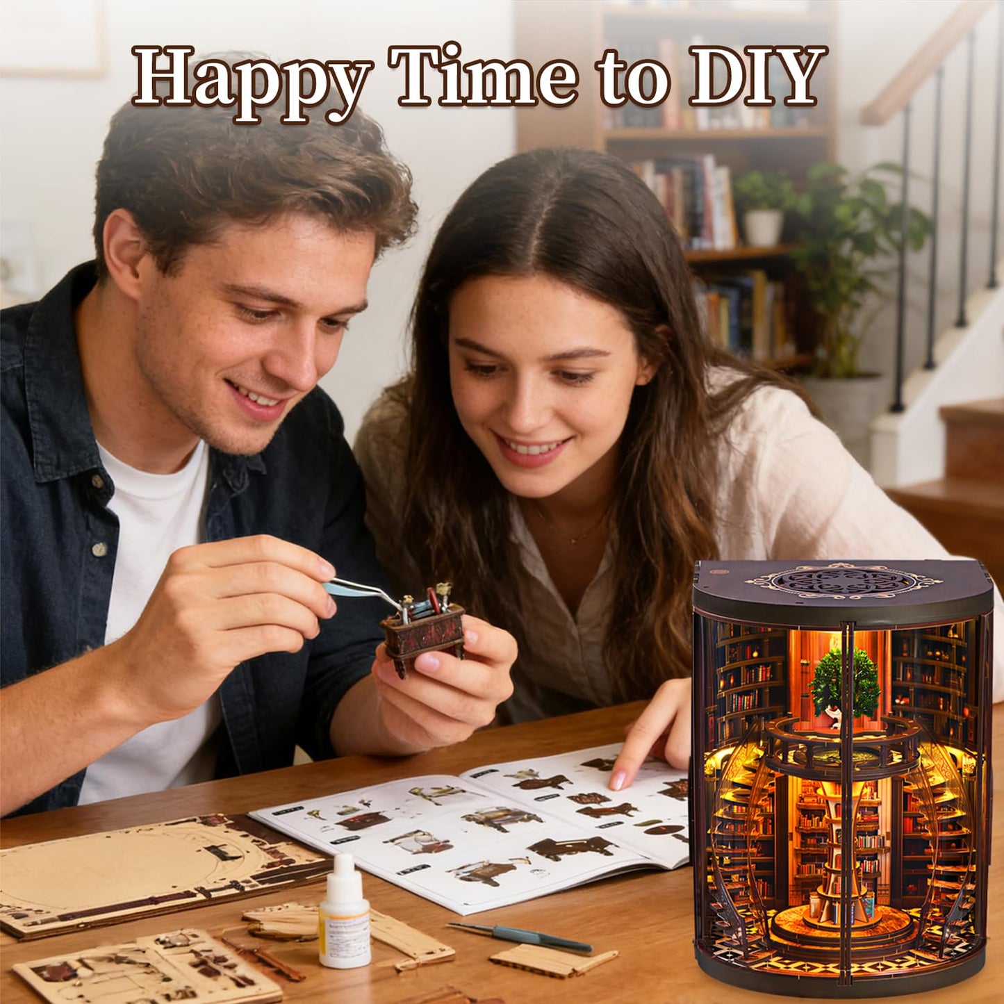 Book Nook Kit for Adult-3D Wooden Puzzles Miniature Library Bookshelf Insert Bookend Decor，Adult Miniature Model with LED Light and Dust Cover, Touch Switch, Adult Craft Kits Gift