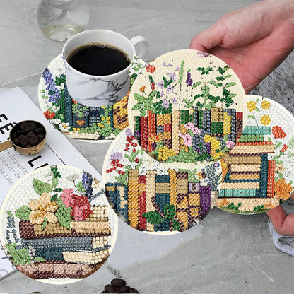 ijbnhd 8 Pcs Diamond Art Coasters Kits, Books Diamond Painting Coasters Kit with Holder, Diamonds Art Non Slip Coaster Crafts Kits for Adults Gifts 4x4 inch (Cork Wooden Pad)