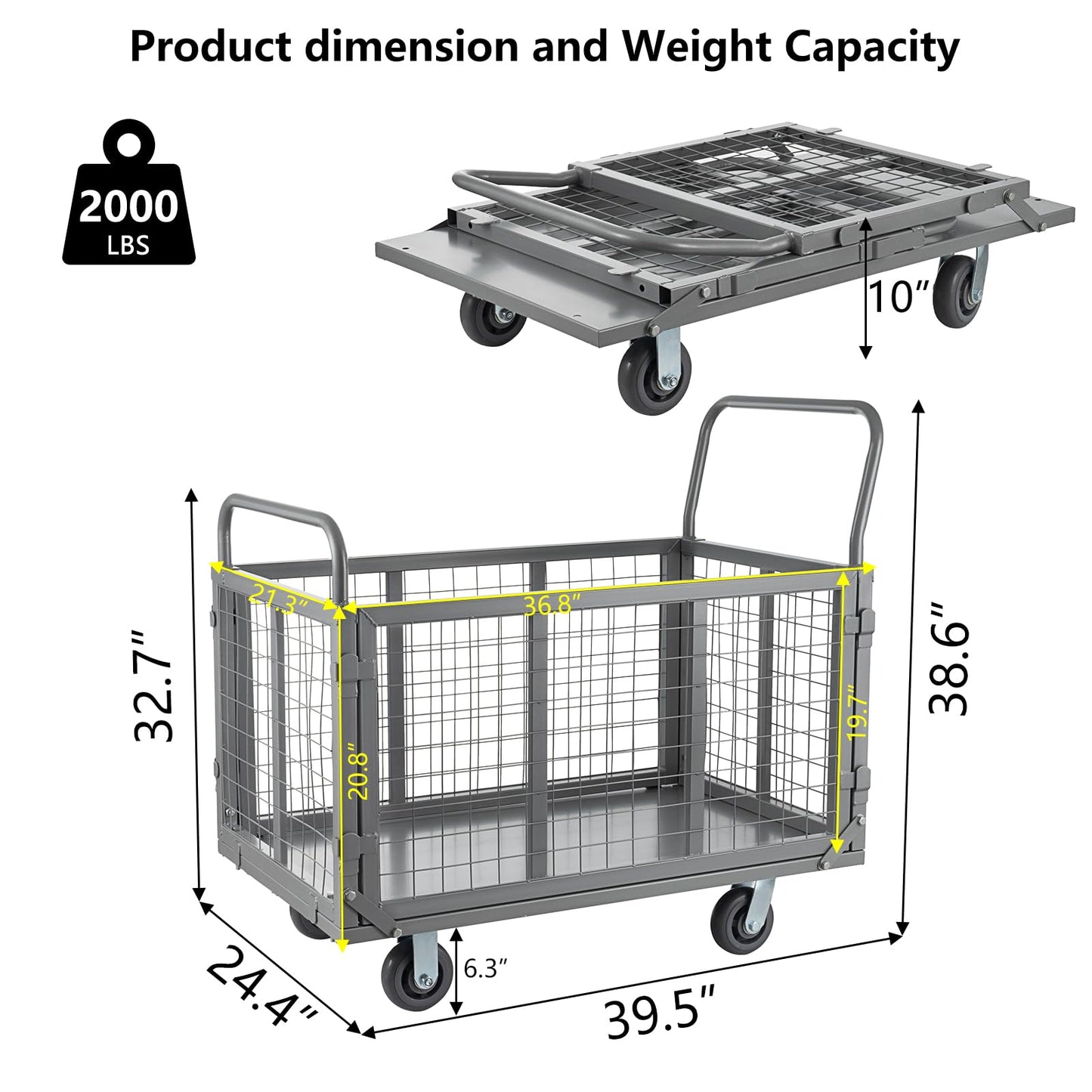 SmarketBuy Platform Truck Cart with Cage, 5 in 1 Heavy Duty Platform Carts with Cage 2000 LBS Capacity Foldable Push Cart Dolly with 5" Casters for Groceries/Garage/Warehouse