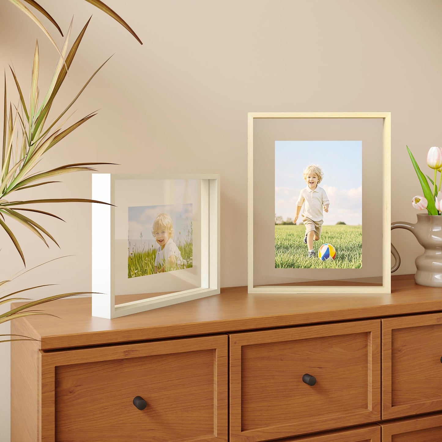 Egofine 11x14 Floating Frames Set of 2, Double Plexiglass Picture Frame, Made of Solid Wood Display Any Size Photo up to 11x14, Wall Mount or Tabletop Standing, Natural Wood