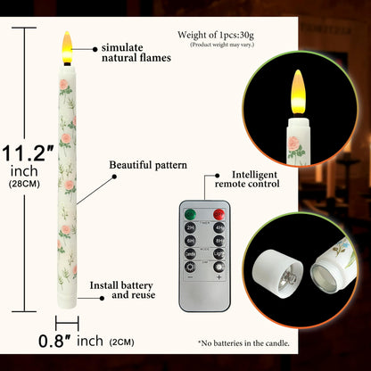 FCMSHAMD 6PCS Floral Flameless Taper Candles, 11 Inch LED Candlesticks Battery Operated with 11-Key Remote and Timer, 3D Flickering Flame Lights for Wedding Party Home Decor Gifts