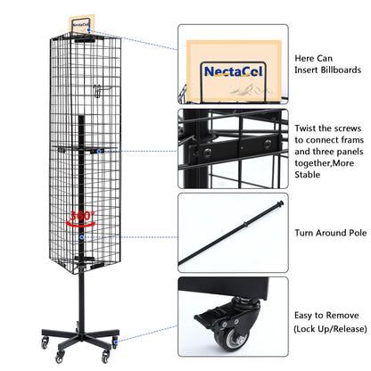 NectaCol Triangular Gridwall Panel Display Stand with Base and Pole, Black Grid Wall Panels with Wheels, Craft Gridwall Display Rack, Art Display Stand, Show Rack, Extra 12pcs Hooks