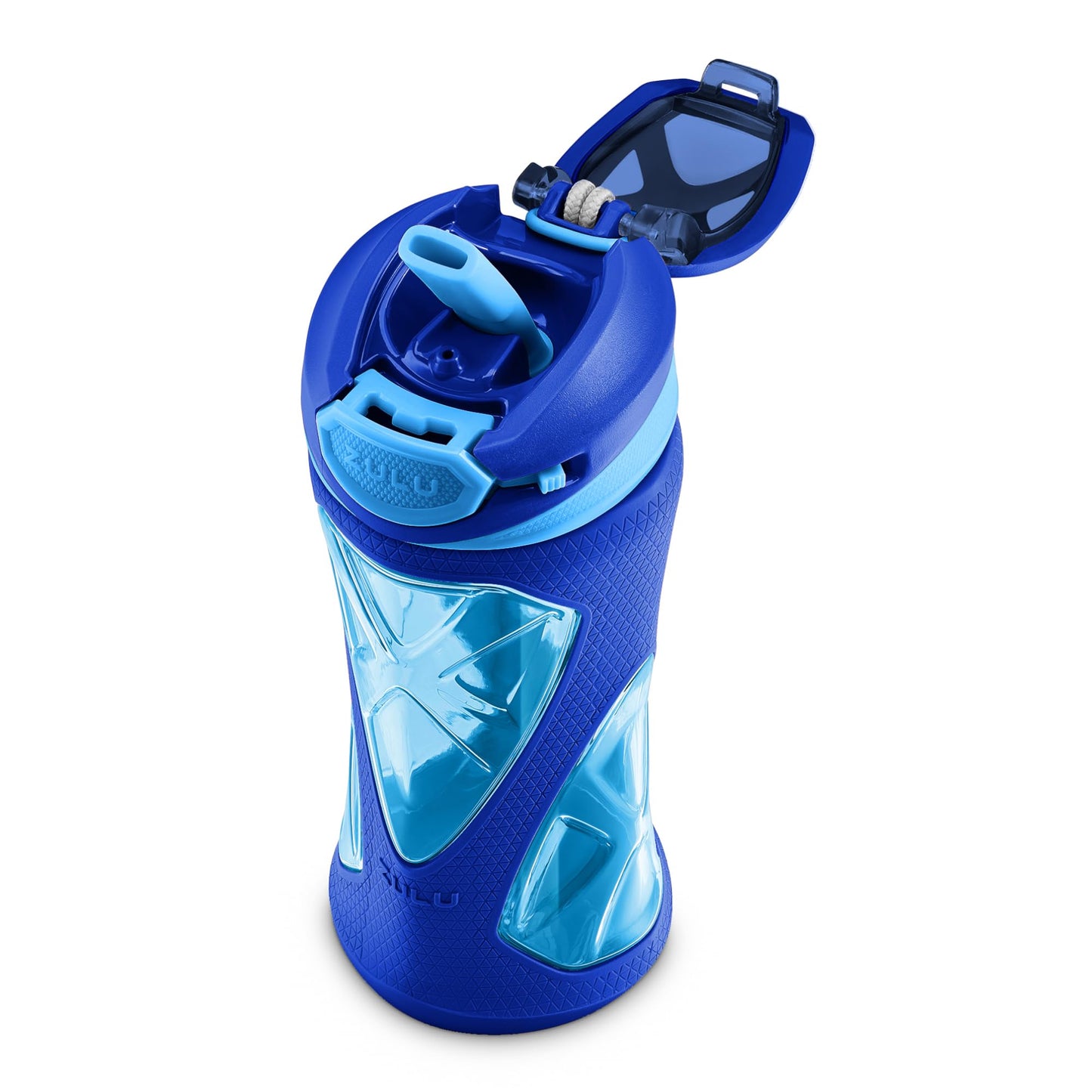 ZULU Torque 16oz Plastic Kids Water Bottle with Silicone Sleeve and Leak-Proof Locking Flip Lid, Soft Touch Carry Loop for School Backpack, Lunchbox, BPA-Free Dishwasher Safe, Mojo Blue