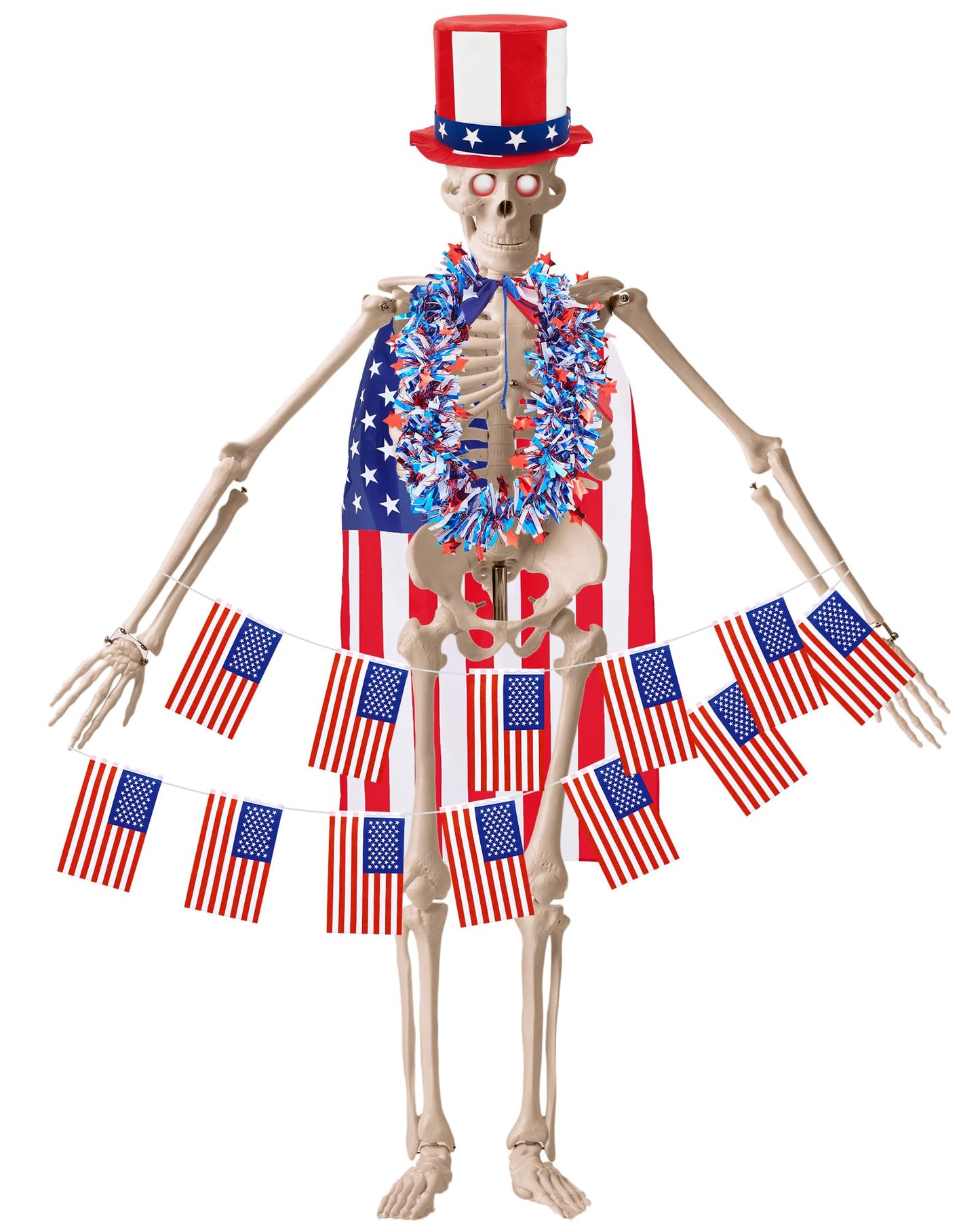 Bunnycool 4 Pcs 4th of July 12 ft Skeleton Patriotic Outfit Accessories Hat, Cape, Flag Banner, Tinsel Garland Giant Skeleton Costume Clothing for Parade Garden Lawn Outdoor Decor