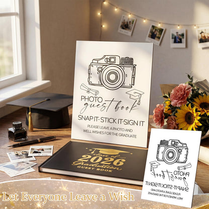 Gersoniel 8 Pcs 2026 Graduation Guest Book Set Photo Sign in Book 100 Pages Class of 2026 Scrapbook Photo Album with Pen Wooden Display Stand Washi Tape DIY for Grad High School College Party Supplies