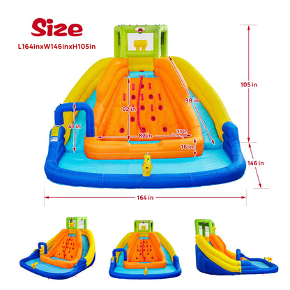 WELLFUNTIME Inflatable Water Slide, Bounce House with Water Bucket, Deep Pool, Climbing Wall with Rope, Bouncy Castle with Air Blower