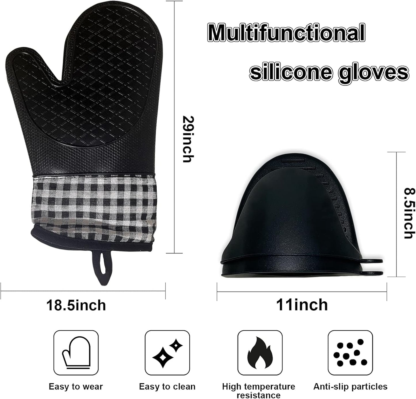 4pcs Set Oven Gloves and Pot Holder Set, Heat-Resistant 500 Degree, Non-Slip Food-Grade Long Oven Gloves