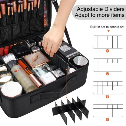 Relavel Extra Large Makeup Case with Plastic Dividers Washable and Easy to Clean, Travel Makeup Train Case Professional Makeup Artist Bag Portable Nail Organizer Box Art Supply Case (Black)